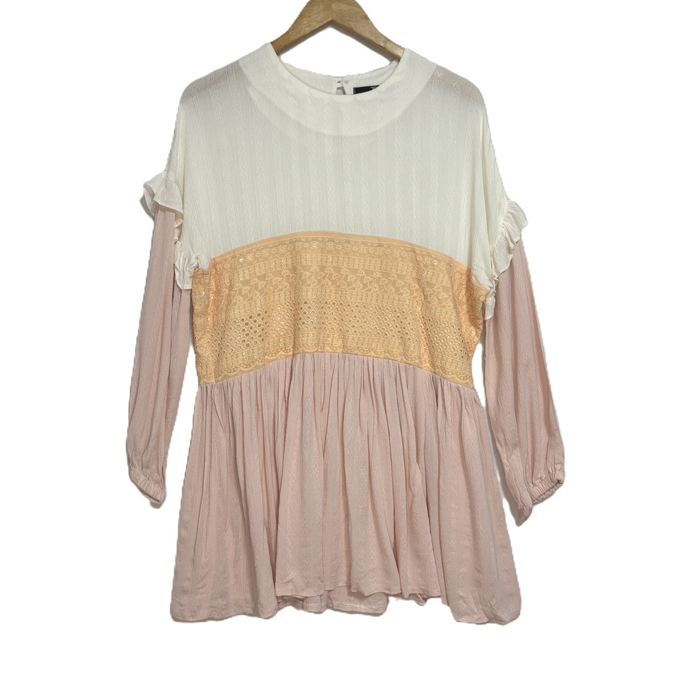 Babydoll Gauzy Tunic Top Pastel Mixed Media Lace Boho Peasant Cottage Feminine M